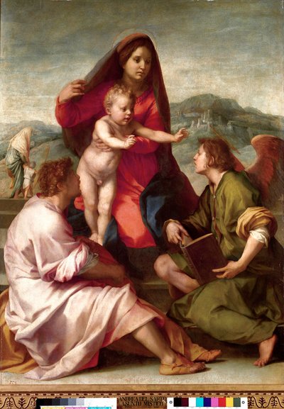 Madonna della Scala. Bir melek ile kutsal aile. Andrea del Sarto (1486-1531) 1522-1523 Sun tarafından tablo. 1,77x1,35 m Madrid, Prado Müzesi by Andrea del Sarto