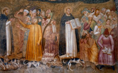 Militan kilisenin zaferi: Thomas Aquinas, sapkınların önünde ve sağ altta, Fra Dolcino, Kilisenin resmi doktrinini yırttı. Spagniards Şapeli (fresk detayı, 1365) by Andrea di Bonaiuto (fl.1343 77)