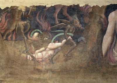 Ölümün Zaferi, günahkarı cehenneme götüren bir şeytanın detayı, 1348 fresk by Andrea di Cione Orcagna
