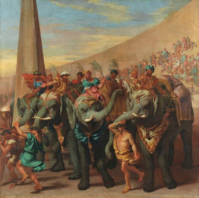 Elephants dans un cirque - Bir sirkte filler, Andrea di Leone (1596-1675). Tuval üzerine yağlı boya, yaklaşık 1637-1640. Boyut : 229x231 cm. Museo del Prado, Madrid by Andrea di Leone