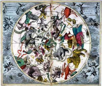 Gökyüzü haritası ve zodyak işaretleri - André Cellarius'un “Harmonia Macrocosmica”sına dayanan kuzey gökyüzünün takımyıldızlarını temsil eden eski bir kompozisyonun tıpkıbasımı by Andreas (after) Cellarius