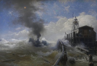Bir römorkör gelgit sırasında Oostende limanından ayrılıyor. 1878 by Andreas Achenbach