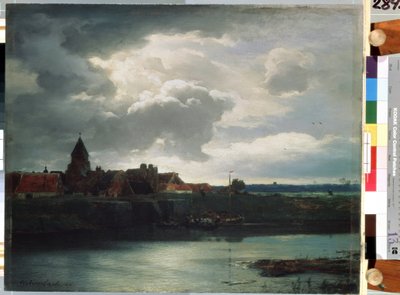 ""Bir Nehir Üzerinde Köy Manzarası" (Bir Nehir ile Manzara) Resmi Andreas Achenbach (1815-1910) 1866 Saint Petersburg, Hermitage Müzesi by Andreas Achenbach