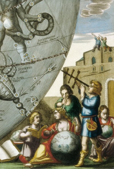 Bilim adamları (astrologlar ve gökbilimciler) küreleri ve gökyüzü grafiğini inceliyorlar, Andreas Cellarius (1596-1665) tarafından Atlas Coelestis seu Harmonia Macrocosmica