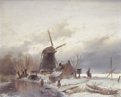 Yel Değirmeni ile Donmuş Nehir Manzarası (yel değirmeninde yağ) by Andreas Schelfhout