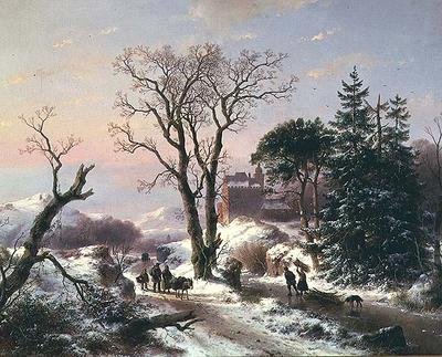 Yolda köylülerin olduğu ormanlık bir nehir manzarası ve ötesinde bir kale by Andreas Schelfhout