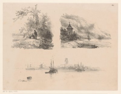Bir ormandaki rakamlar, dağlık bir kıyı boyunca bir nehir ve sudaki tekneler by Andreas Schelfhout