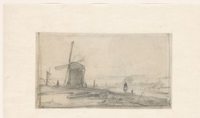 Solda bir yel değirmeni olan bir manzara taslağı by Andreas Schelfhout