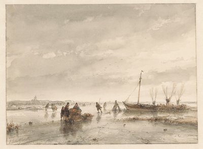Donmuş göl ile kış manzarası by Andreas Schelfhout