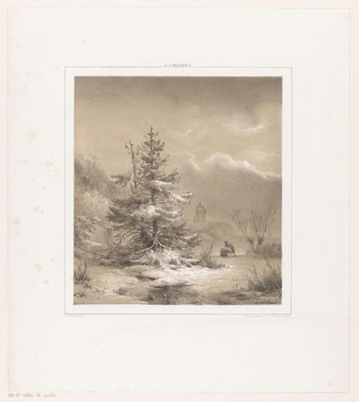 Çam ağaçları ve kızağı olan bir adam ile kış manzarası by Andreas Schelfhout