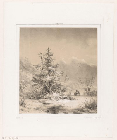 Çam ağaçları ve kızağı olan bir adam ile kış manzarası by Andreas Schelfhout