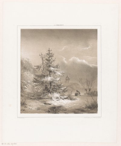 Çam ağaçları ve kızağı olan bir adam ile kış manzarası by Andreas Schelfhout