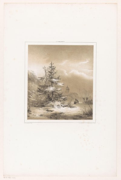 Çam ağaçları ve kızağı olan bir adam ile kış manzarası by Andreas Schelfhout