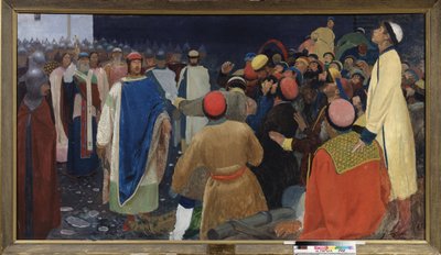 Prens Gleb Sviatoslavitch (mort en 1079) tue un volkhve (büyücü devin kölesi) a un veche a Novgorod. Peinture de Andrei Petrovich Ryabushkin (Riaboutchkine) (1861-1904), huile sur toile by Andrei Petrovich Ryabushkin