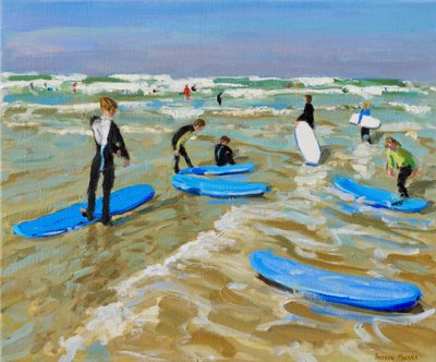 Mavi sörf tahtaları, Bude. 20x24",2019,(tuval üzerine yağlı boya) by Andrew Macara