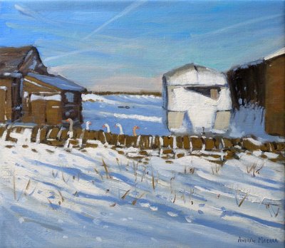 Karavan ve Kazlar, Derbyshire, 2011 (tuval üzerine yağlı boya) by Andrew Macara