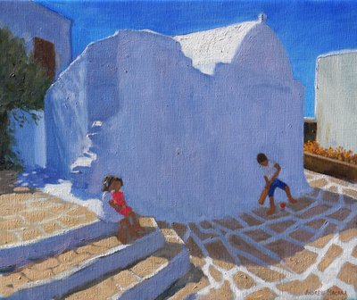 Kilise duvarının yanında kriket, Mykonos (tuval üzerine yağlı boya) by Andrew Macara