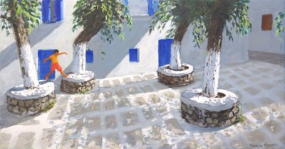 Dört Ağaç, Mikonos Kasabası, 2022 (tuval üzerine yağlı boya) by Andrew Macara