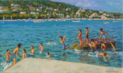 Kayalardan atlamak; Cinque Terre, Positano, İtalya, 2000 (tuval üzerine yağlı boya) by Andrew Macara