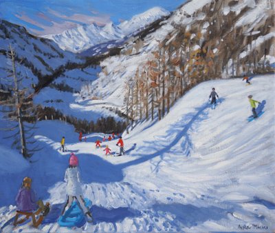Bir köknar ağacının gölgesi ve kayakçılar Tignes.2014,(tuval üzerine yağlı boya) by Andrew Macara