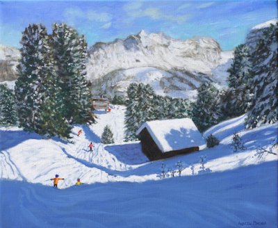 Kayak dağ evi, Samoens, Grand Massif, Fransa, 2023 (tuval üzerine yağlıboya) by Andrew Macara
