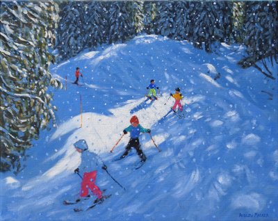 Kayak okulu. Samoens, Grand Massif, Fransa, 2021 (tuval üzerine yağlı boya) by Andrew Macara