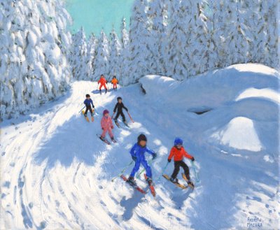 Patikada kayak yapmak , Courchevel , 2018, (tuval üzerine yağlı boya) by Andrew Macara