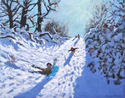 Sledging, Calke Abbey, Ticknall, Derby, 2021 (tuval üzerine yağlı boya) by Andrew Macara