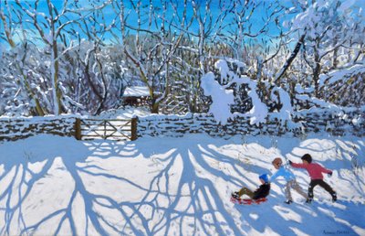 Sledging, Gambols Lane, Dovehead, High Peak, Derbyshire, 2021 (tuval üzerine yağlı boya) by Andrew Macara