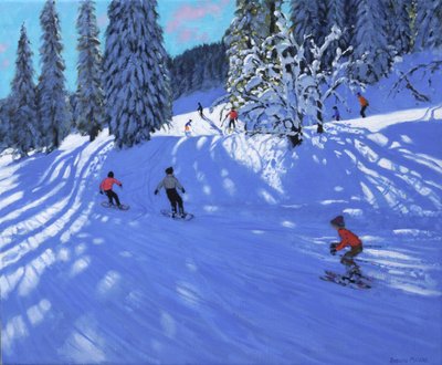 Snowboardcular ve kayakçılar, Morzine, Fransa, 2022 (tuval üzerine yağlı boya) by Andrew Macara