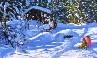 Bir kızakta iki, The Orchard, Morzine, (tuval üzerine yağlı boya) by Andrew Macara