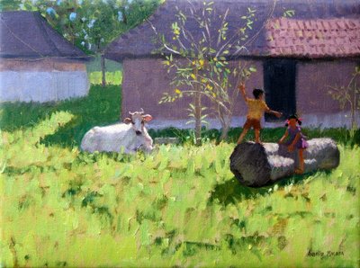 BEYAZ İNEK VE İKİ ÇOCUK,MANKOTTA ADASI,KERALA,HİNDİSTAN by Andrew Macara