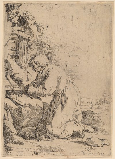 Sola bakan diz çökmüş münzevi by Andries Both