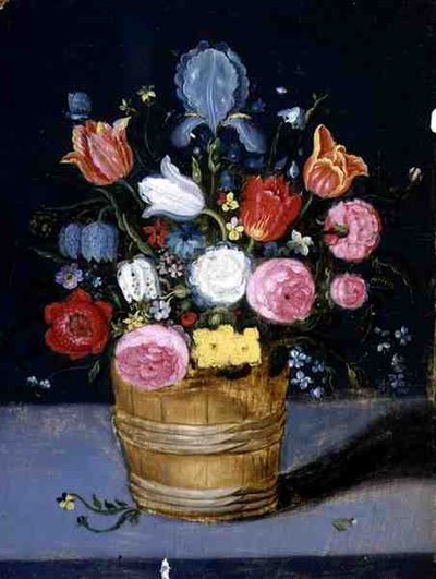 Ahşap Küvette Çiçeklerin Natürmortu (panelde yağlı boya) by Andries Daniels or Danielsz