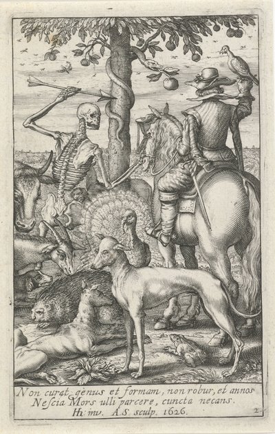 Hayvanların ortasında ok ve şahin ile iskelet Hayvan İskeletleri (dizi başlığı) by Andries Jacobsz. Stock