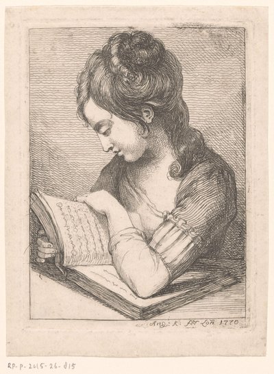 Genç bir kadın masada kitap okuyor, dirseğini bir kitaba dayamış. by Angelica Kauffmann