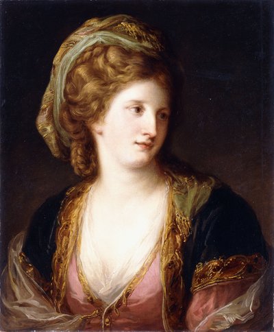 Sanatçının portresi, göğüs uzunluğu, pembe bir elbise ve altın işlemeli mavi bir cübbe giyiyor, 1767 by Angelica Kauffmann