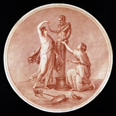 Pan Heykelini Süsleyen Periler, William Wynne Ryland (1732-83) 1776 (kırmızı noktalı gravür) tarafından oyulmuş by Angelica after Kauffmann