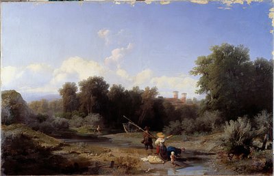 Manzara veya “” Balık Tutma” (Nehirde Balık Tutma) Tablo Angelo Beccaria (1820-1897) 1855 Soluk 94x146 cm Genes, Galleria d