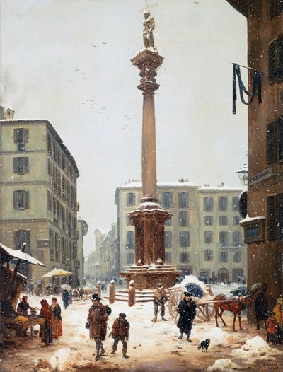 Milano'daki San Bernardino'nun eski caddesinden görülen Verziere'deki (manav pazarı) Kurtarıcı sütunu by Angelo Inganni