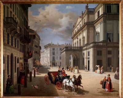 Teatro alla Scala, Milano meydanının görünümü by Angelo Inganni
