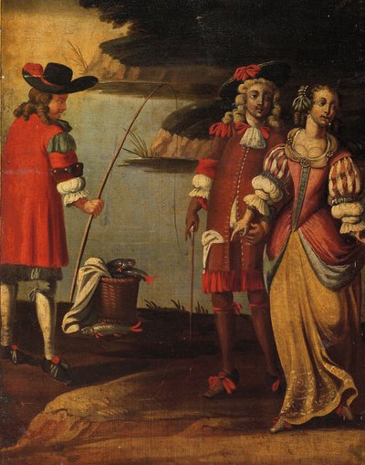 Dört katlı çift taraflı ekran, c.1700 (boyalı kanvas ve deri) (3248382 detayı) by Anglo Flemish School