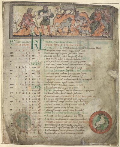 Cotton Tiberius B. V, Bölüm 1, f.5 Mayıs ayı takvim sayfası. Koyun beslemek. Sürüsüyle birlikte biri dolandırıcı tutan iki çoban ve oturan üç figür. Ayakta, bir yuvarlak içinde Koç by Anglo Saxon