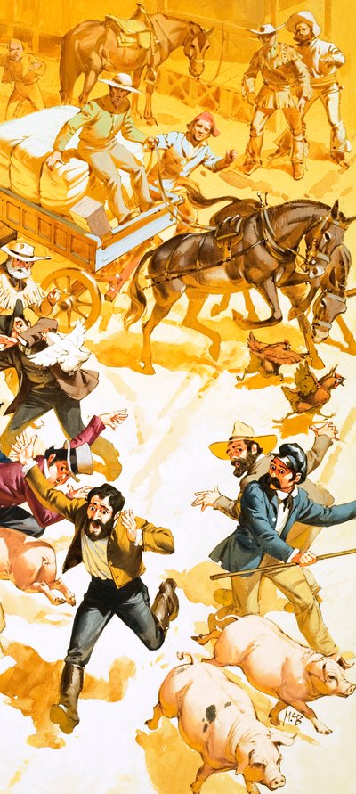 Bir adam San Francisco sokaklarında koşarak altının keşfedildiğini duyuruyor by Angus McBride