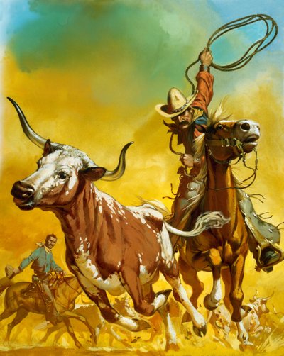 Sığıra kement atan kovboy (kağıt üzerine guaj) by Angus McBride