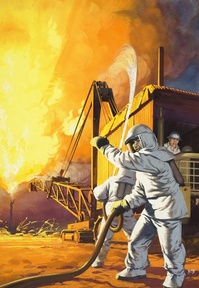 Petrol sahasında yangınla mücadele eden güvenlik kıyafetli itfaiyeci by Angus McBride