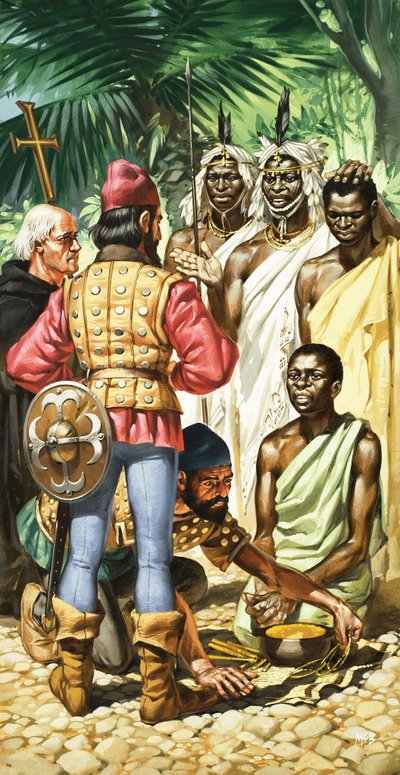 Cape Verde ve Gambiya nehrine gelen Portekizli kaşifler, altın ticareti yapmaya istekli yerliler buldular by Angus McBride