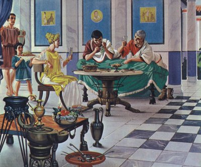 Zengin Romalı aile, yemeğin tadını çıkarıyor (renkli taş baskı) by Angus McBride