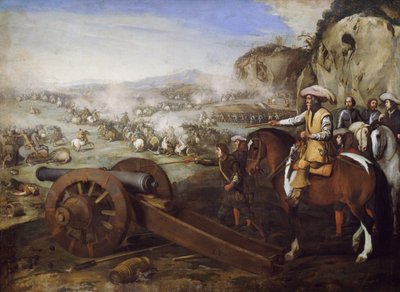 Savaş sırasında top ateşlemeyi emreden at sırtındaki kaptan, resim Aniello Falcone (1607-1656), tuval üzerine yağlı boya, 94x131 cm by Aniello Falcone