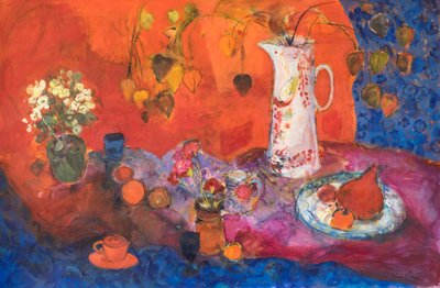 Beyaz Sürahi ve Meyve ile Kırmızı Natürmort. by Ann Oram